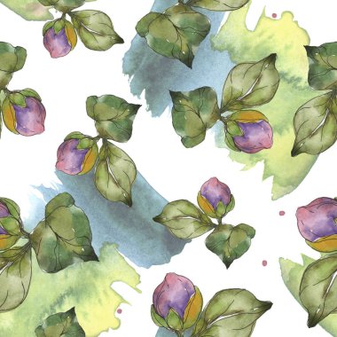 Kamelya kırmızı ve mor çiçekler. Suluboya resim kümesi. Sorunsuz arka plan deseni. Kumaş duvar kağıdı yazdırma doku.