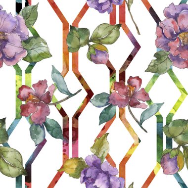 Kamelya kırmızı ve mor çiçekler. Suluboya resim kümesi. Sorunsuz arka plan deseni. Kumaş duvar kağıdı yazdırma doku.