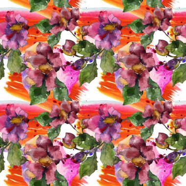 Kamelya kırmızı ve mor çiçekler. Suluboya resim kümesi. Sorunsuz arka plan deseni. Kumaş duvar kağıdı yazdırma doku.