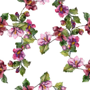 Kırmızı mor camelia botanik çiçek. Vahşi bahar yaprak izole. Suluboya resim kümesi. Suluboya çizim moda aquarelle. Sorunsuz arka plan deseni. Kumaş duvar kağıdı yazdırma doku.