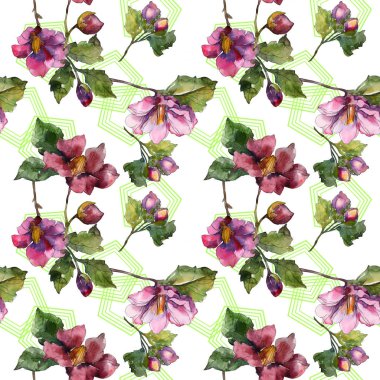 Kamelya kırmızı ve mor çiçekler. Suluboya resim kümesi. Sorunsuz arka plan deseni. Kumaş duvar kağıdı yazdırma doku.