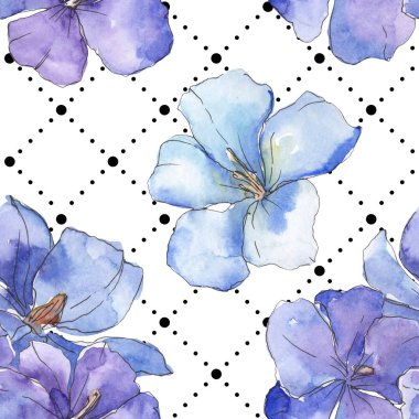 Mavi mor keten botanik çiçek. Vahşi bahar yaprak izole. Suluboya resim kümesi. Suluboya çizim moda aquarelle. Sorunsuz arka plan deseni. Kumaş duvar kağıdı yazdırma doku.