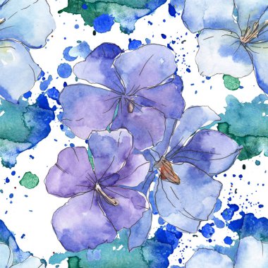 Mavi mor keten botanik çiçek. Vahşi bahar yaprak izole. Suluboya resim kümesi. Suluboya çizim moda aquarelle. Sorunsuz arka plan deseni. Kumaş duvar kağıdı yazdırma doku.