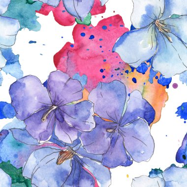Mavi mor keten botanik çiçek. Vahşi bahar yaprak izole. Suluboya resim kümesi. Suluboya çizim moda aquarelle. Sorunsuz arka plan deseni. Kumaş duvar kağıdı yazdırma doku.