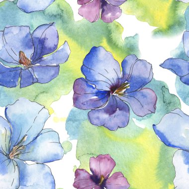 Mavi mor keten botanik çiçek. Vahşi bahar yaprak izole. Suluboya resim kümesi. Suluboya çizim moda aquarelle. Sorunsuz arka plan deseni. Kumaş duvar kağıdı yazdırma doku.