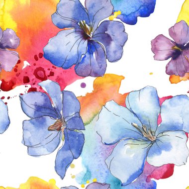 Mavi mor keten botanik çiçek. Vahşi bahar yaprak izole. Suluboya resim kümesi. Suluboya çizim moda aquarelle. Sorunsuz arka plan deseni. Kumaş duvar kağıdı yazdırma doku.