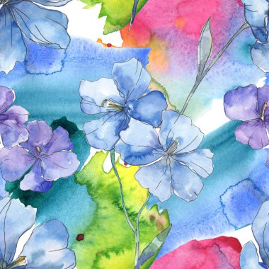 Mavi mor keten botanik çiçek. Vahşi bahar yaprak izole. Suluboya resim kümesi. Suluboya çizim moda aquarelle. Sorunsuz arka plan deseni. Kumaş duvar kağıdı yazdırma doku.
