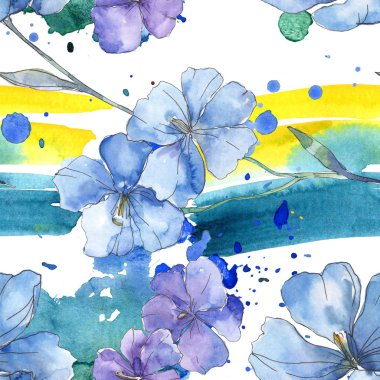 Mavi mor keten botanik çiçek. Vahşi bahar yaprak izole. Suluboya resim kümesi. Suluboya çizim moda aquarelle. Sorunsuz arka plan deseni. Kumaş duvar kağıdı yazdırma doku.