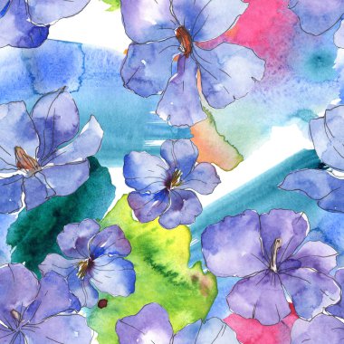 Mavi mor keten botanik çiçek. Vahşi bahar yaprak izole. Suluboya resim kümesi. Suluboya çizim moda aquarelle. Sorunsuz arka plan deseni. Kumaş duvar kağıdı yazdırma doku.