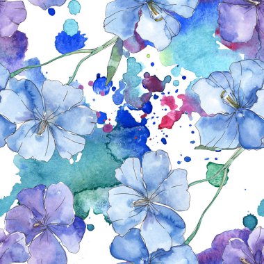 Mavi mor keten botanik çiçek. Vahşi bahar yaprak izole. Suluboya resim kümesi. Suluboya çizim moda aquarelle. Sorunsuz arka plan deseni. Kumaş duvar kağıdı yazdırma doku.