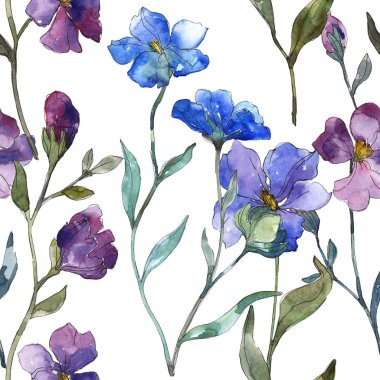 Mavi mor keten botanik çiçek. Vahşi bahar yaprak izole. Suluboya resim kümesi. Suluboya çizim moda aquarelle. Sorunsuz arka plan deseni. Kumaş duvar kağıdı yazdırma doku.