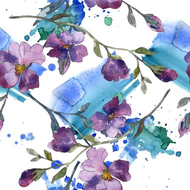 Mavi mor keten botanik çiçek. Vahşi bahar yaprak izole. Suluboya resim kümesi. Suluboya çizim moda aquarelle. Sorunsuz arka plan deseni. Kumaş duvar kağıdı yazdırma doku.