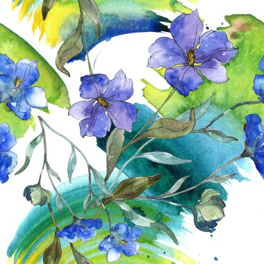 Mavi mor keten botanik çiçek. Vahşi bahar yaprak izole. Suluboya resim kümesi. Suluboya çizim moda aquarelle. Sorunsuz arka plan deseni. Kumaş duvar kağıdı yazdırma doku.