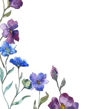 Mavi mor keten botanik çiçek. Vahşi bahar yaprak izole kır çiçeği. Suluboya arka plan illüstrasyon küme. Suluboya çizim moda aquarelle izole. Çerçeve kenarlığı süsleme Meydanı.