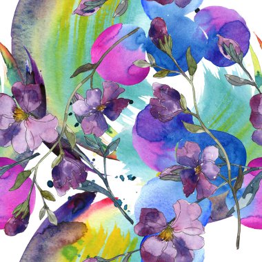 Mavi mor keten botanik çiçek. Vahşi bahar yaprak izole. Suluboya resim kümesi. Suluboya çizim moda aquarelle. Sorunsuz arka plan deseni. Kumaş duvar kağıdı yazdırma doku.