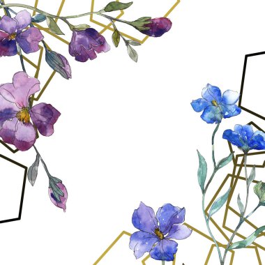 Mavi mor keten botanik çiçek. Vahşi bahar yaprak izole kır çiçeği. Suluboya arka plan illüstrasyon küme. Suluboya çizim moda aquarelle izole. Çerçeve kenarlığı süsleme Meydanı.