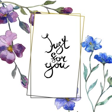 Mavi mor keten botanik çiçek. Vahşi bahar yaprak izole kır çiçeği. Suluboya arka plan illüstrasyon küme. Suluboya çizim moda aquarelle izole. Çerçeve kenarlığı süsleme Meydanı.