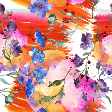 Mavi mor keten botanik çiçek. Vahşi bahar yaprak izole. Suluboya resim kümesi. Suluboya çizim moda aquarelle. Sorunsuz arka plan deseni. Kumaş duvar kağıdı yazdırma doku.