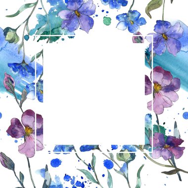 Mavi mor keten botanik çiçek. Vahşi bahar yaprak izole kır çiçeği. Suluboya arka plan illüstrasyon küme. Suluboya çizim moda aquarelle izole. Çerçeve kenarlığı süsleme Meydanı.