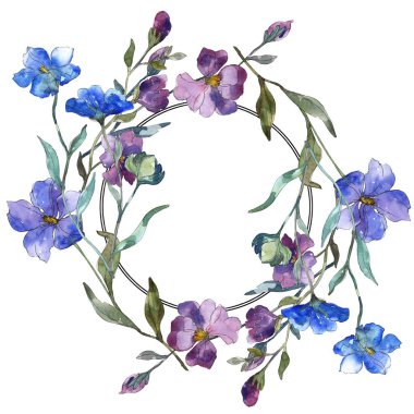 Mavi mor keten botanik çiçek. Vahşi bahar yaprak izole kır çiçeği. Suluboya arka plan illüstrasyon küme. Suluboya çizim moda aquarelle izole. Çerçeve kenarlığı süsleme Meydanı.