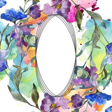 Mavi mor keten botanik çiçek. Vahşi bahar yaprak izole kır çiçeği. Suluboya arka plan illüstrasyon küme. Suluboya çizim moda aquarelle izole. Çerçeve kenarlığı süsleme Meydanı.