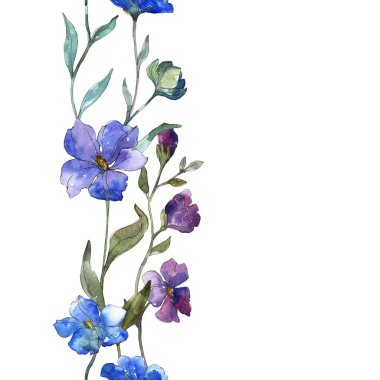 Mavi mor keten botanik çiçek. Vahşi bahar yaprak izole. Suluboya resim kümesi. Suluboya çizim moda aquarelle. Sorunsuz arka plan deseni. Kumaş duvar kağıdı yazdırma doku.