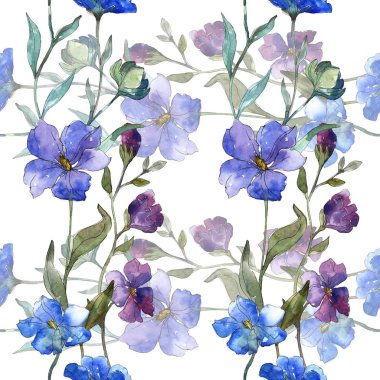 Mavi mor keten botanik çiçek. Vahşi bahar yaprak izole. Suluboya resim kümesi. Suluboya çizim moda aquarelle. Sorunsuz arka plan deseni. Kumaş duvar kağıdı yazdırma doku.