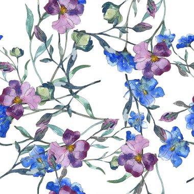 Blue purple flax floral botanical flower. Wild spring leaf isolated. Watercolor illustration set. Watercolour drawing fashion aquarelle. Seamless background pattern. Fabric wallpaper print texture. clipart