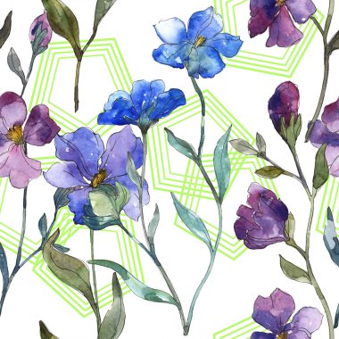 Mavi mor keten botanik çiçek. Vahşi bahar yaprak izole. Suluboya resim kümesi. Suluboya çizim moda aquarelle. Sorunsuz arka plan deseni. Kumaş duvar kağıdı yazdırma doku.