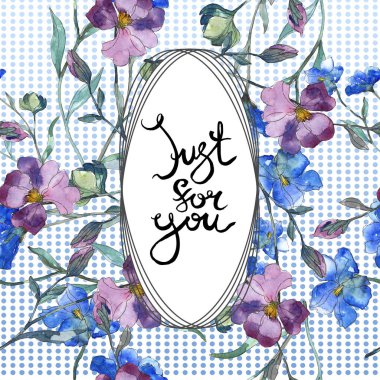 Mavi mor keten botanik çiçek. Vahşi bahar yaprak izole kır çiçeği. Suluboya arka plan illüstrasyon küme. Suluboya çizim moda aquarelle izole. Çerçeve kenarlığı süsleme Meydanı.