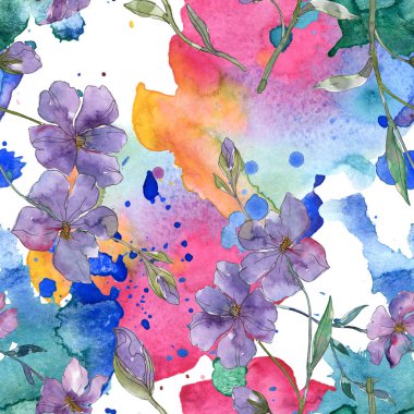 Keten botanik çiçek mavi ve mor. Vahşi bahar yaprak izole. Suluboya resim kümesi. Suluboya çizim moda aquarelle. Sorunsuz arka plan deseni. Kumaş duvar kağıdı yazdırma doku.