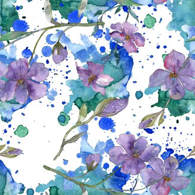 Keten botanik çiçek mavi ve mor. Vahşi bahar yaprak izole. Suluboya resim kümesi. Suluboya çizim moda aquarelle. Sorunsuz arka plan deseni. Kumaş duvar kağıdı yazdırma doku.