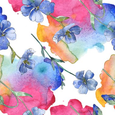 Keten botanik çiçek mavi ve mor. Vahşi bahar yaprak izole. Suluboya resim kümesi. Suluboya çizim moda aquarelle. Sorunsuz arka plan deseni. Kumaş duvar kağıdı yazdırma doku.