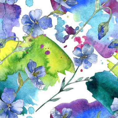 Keten botanik çiçek mavi ve mor. Vahşi bahar yaprak izole. Suluboya resim kümesi. Suluboya çizim moda aquarelle. Sorunsuz arka plan deseni. Kumaş duvar kağıdı yazdırma doku.