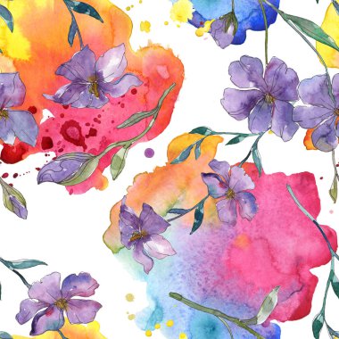 Keten botanik çiçek mavi ve mor. Vahşi bahar yaprak izole. Suluboya resim kümesi. Suluboya çizim moda aquarelle. Sorunsuz arka plan deseni. Kumaş duvar kağıdı yazdırma doku.