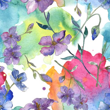 Keten botanik çiçek mavi ve mor. Vahşi bahar yaprak izole. Suluboya resim kümesi. Suluboya çizim moda aquarelle. Sorunsuz arka plan deseni. Kumaş duvar kağıdı yazdırma doku.
