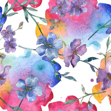 Keten botanik çiçek mavi ve mor. Vahşi bahar yaprak izole. Suluboya resim kümesi. Suluboya çizim moda aquarelle. Sorunsuz arka plan deseni. Kumaş duvar kağıdı yazdırma doku.