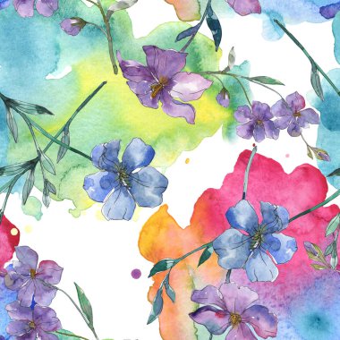 Keten botanik çiçek mavi ve mor. Vahşi bahar yaprak izole. Suluboya resim kümesi. Suluboya çizim moda aquarelle. Sorunsuz arka plan deseni. Kumaş duvar kağıdı yazdırma doku.