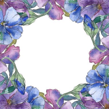 Mavi ve mor keten botanik çiçek. Vahşi bahar yaprak izole kır çiçeği. Suluboya arka plan illüstrasyon küme. Suluboya çizim moda aquarelle. Çerçeve kenarlığı süsleme Meydanı.