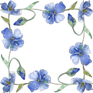 Mavi ve mor keten botanik çiçek. Vahşi bahar yaprak izole kır çiçeği. Suluboya arka plan illüstrasyon küme. Suluboya çizim moda aquarelle. Çerçeve kenarlığı süsleme Meydanı.