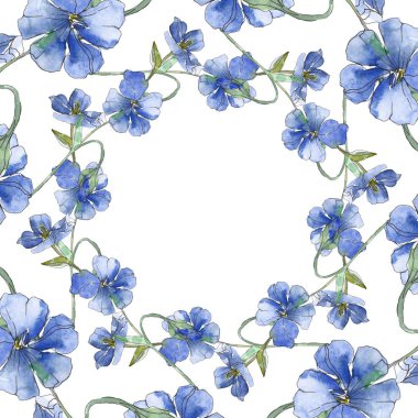 Mavi ve mor keten botanik çiçek. Vahşi bahar yaprak izole kır çiçeği. Suluboya arka plan illüstrasyon küme. Suluboya çizim moda aquarelle. Çerçeve kenarlığı süsleme Meydanı.