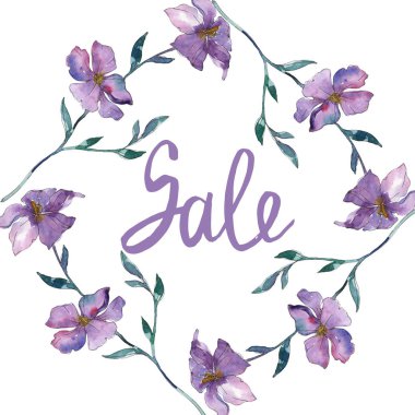 Mavi ve mor keten botanik çiçek. Vahşi bahar yaprak izole kır çiçeği. Suluboya arka plan illüstrasyon küme. Suluboya çizim moda aquarelle. Çerçeve kenarlığı süsleme Meydanı.