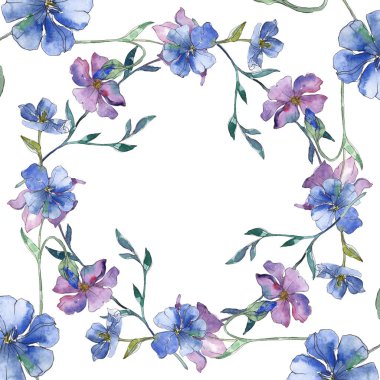 Mavi ve mor keten botanik çiçek. Vahşi bahar yaprak izole kır çiçeği. Suluboya arka plan illüstrasyon küme. Suluboya çizim moda aquarelle. Çerçeve kenarlığı süsleme Meydanı.