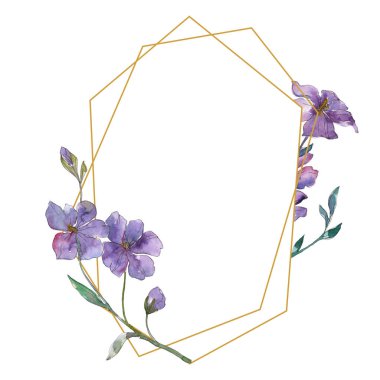 Mavi ve mor keten botanik çiçek. Vahşi bahar yaprak izole kır çiçeği. Suluboya arka plan illüstrasyon küme. Suluboya çizim moda aquarelle. Çerçeve kenarlığı süsleme Meydanı.