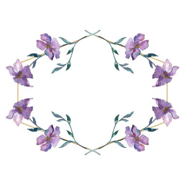 Mavi ve mor keten botanik çiçek. Vahşi bahar yaprak izole kır çiçeği. Suluboya arka plan illüstrasyon küme. Suluboya çizim moda aquarelle. Çerçeve kenarlığı süsleme Meydanı.