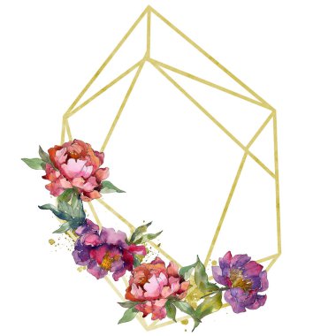 Mor izole üzerinde beyaz peonies suluboya arka plan illüstrasyon küme. Çerçeve kenarlığı süsleme.