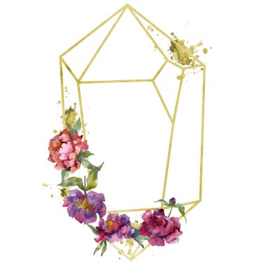 Mor izole üzerinde beyaz peonies suluboya arka plan illüstrasyon küme. Çerçeve kenarlığı süsleme.