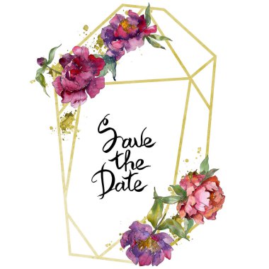 Mor izole üzerinde beyaz peonies suluboya arka plan illüstrasyon küme. Çerçeve kenarlığı süsleme.