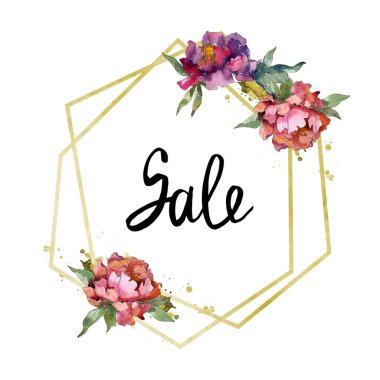 Mor izole üzerinde beyaz peonies suluboya arka plan illüstrasyon küme. Çerçeve kenarlığı süsleme.