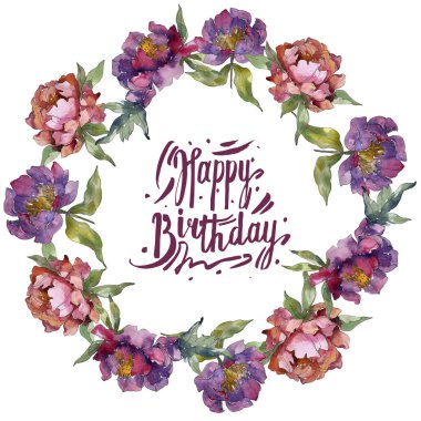 Mor izole üzerinde beyaz peonies suluboya arka plan illüstrasyon küme. Çerçeve kenarlığı süsleme.